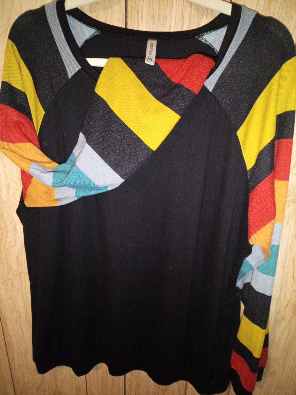Striped Raglan Sleeve Black Top with Multicolor Accents